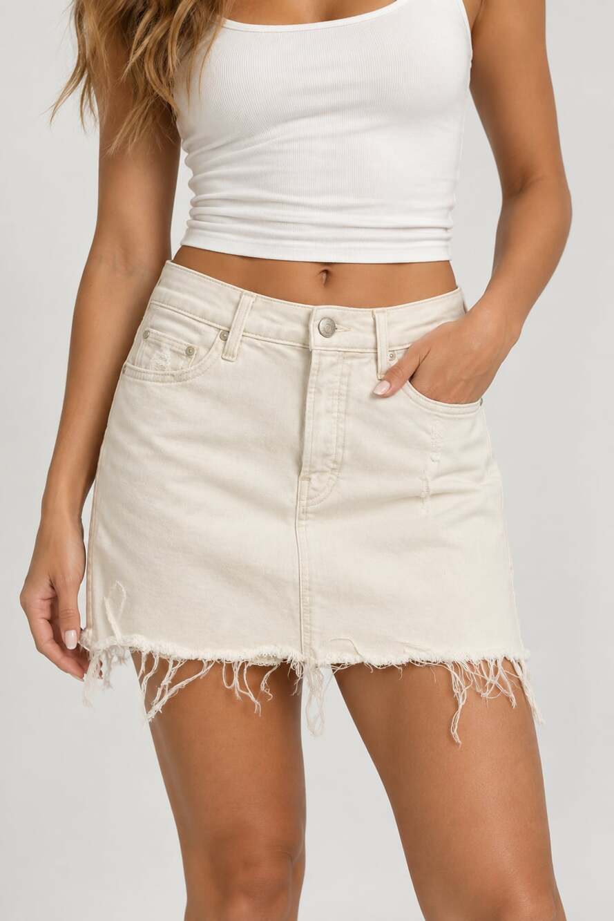 MOTHER Denim Mini Skirt Size 26 Off White Distressed Raw Hem